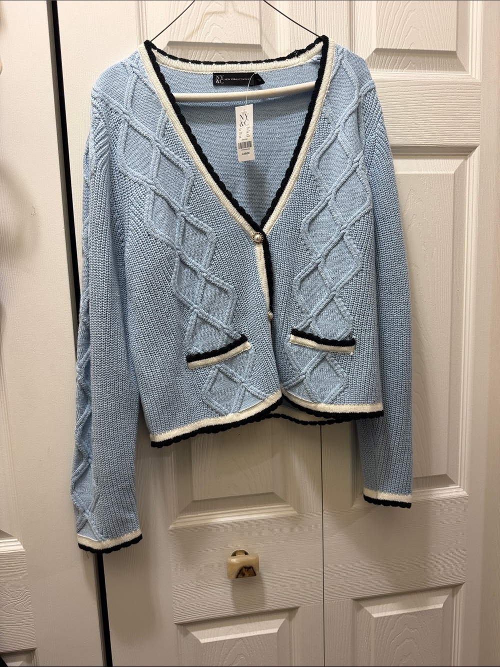 New York & Company Pastel Blue Cable Knit Cardigan with Cream & Black Trim